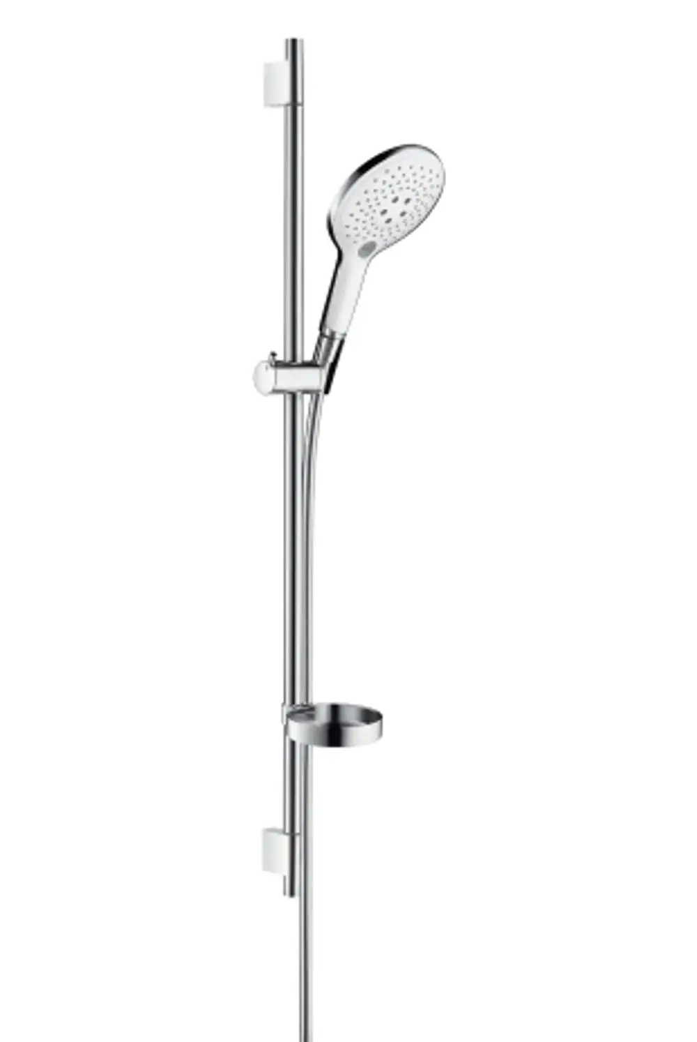 Hansgrohe Duschset mit einer verstellbaren Brausestange, einem Handbrausekopf und einer integrierten Seifenschale in Chrom und Weiß.